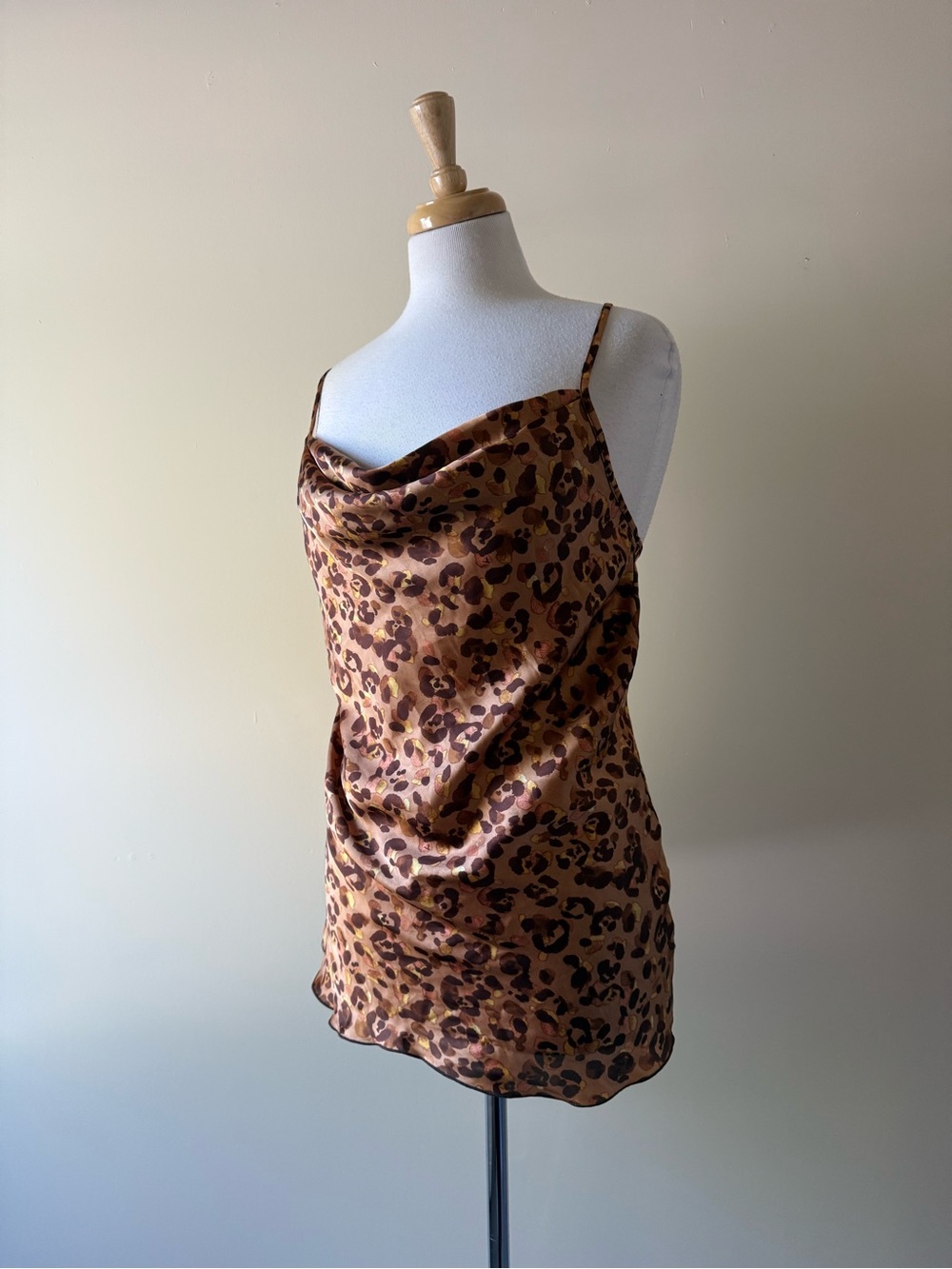 Tash + Sophie Y2K Leopard Satin Cowl Neck Low Back Chemise Top